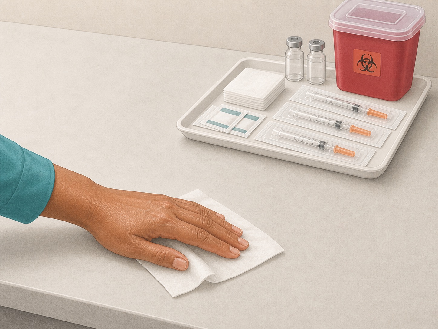 Dry medication preparation surface being cleaned beside unopened supplies on a tray