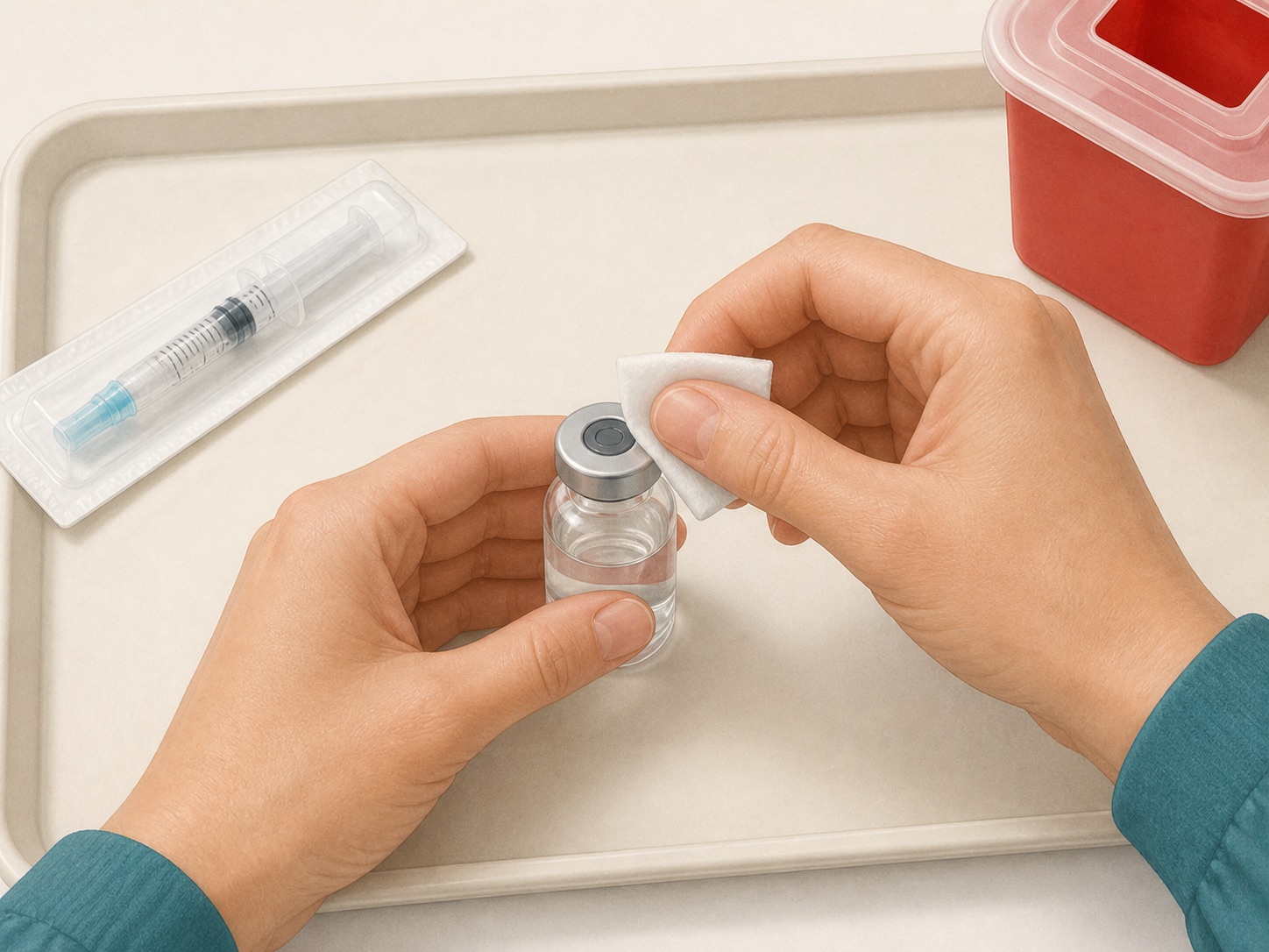 Medication vial rubber septum being wiped with a single-use alcohol pad