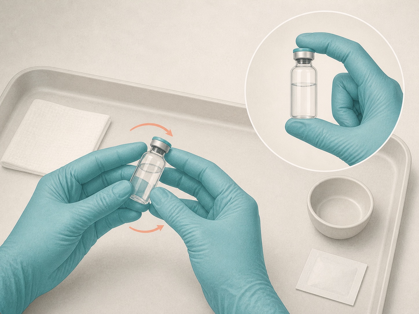 Sealed vial gently rolled between gloved hands and inspected against a light background