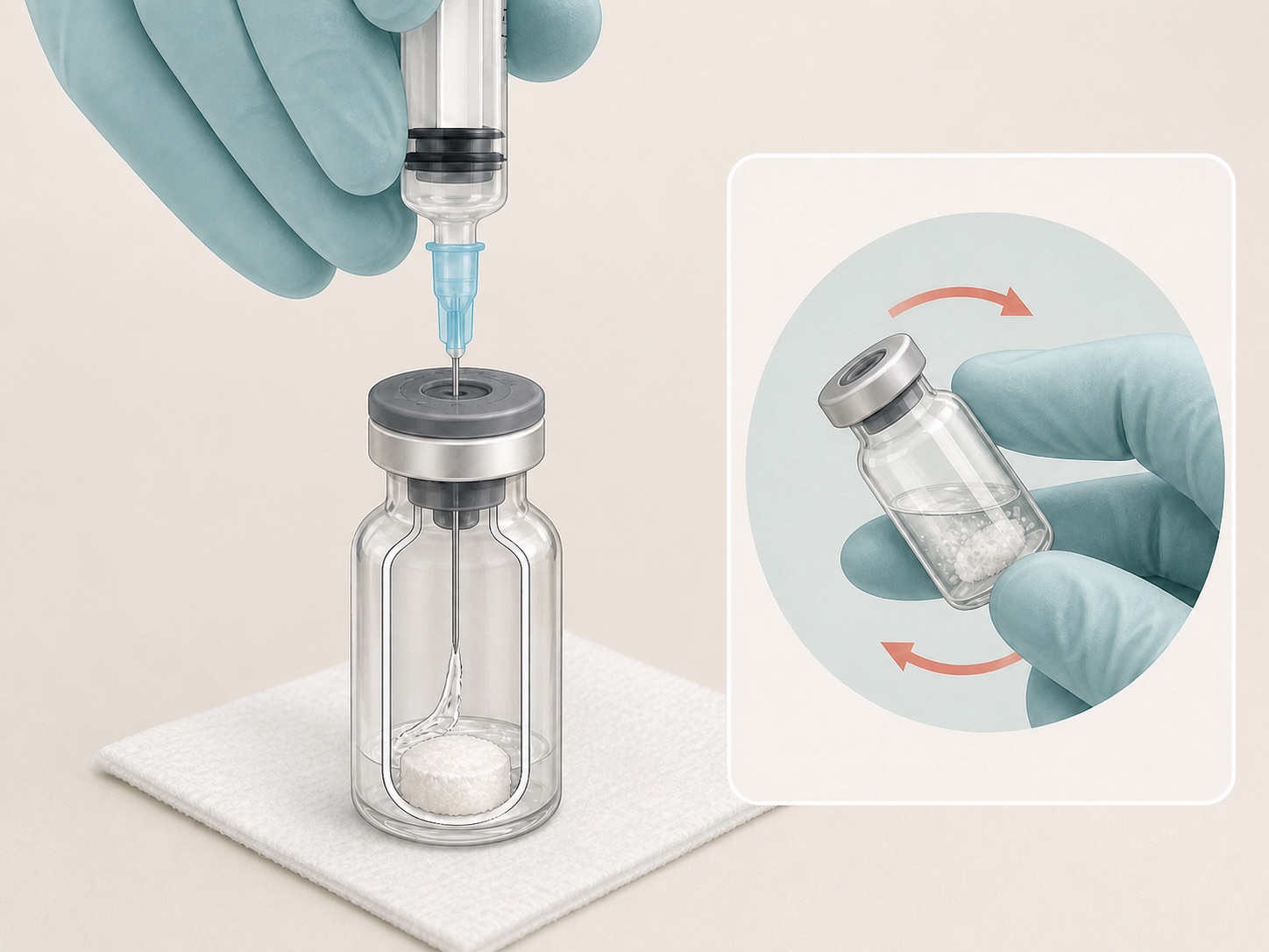 Prescribed diluent transferred slowly through a sealed vial septum toward the glass wall