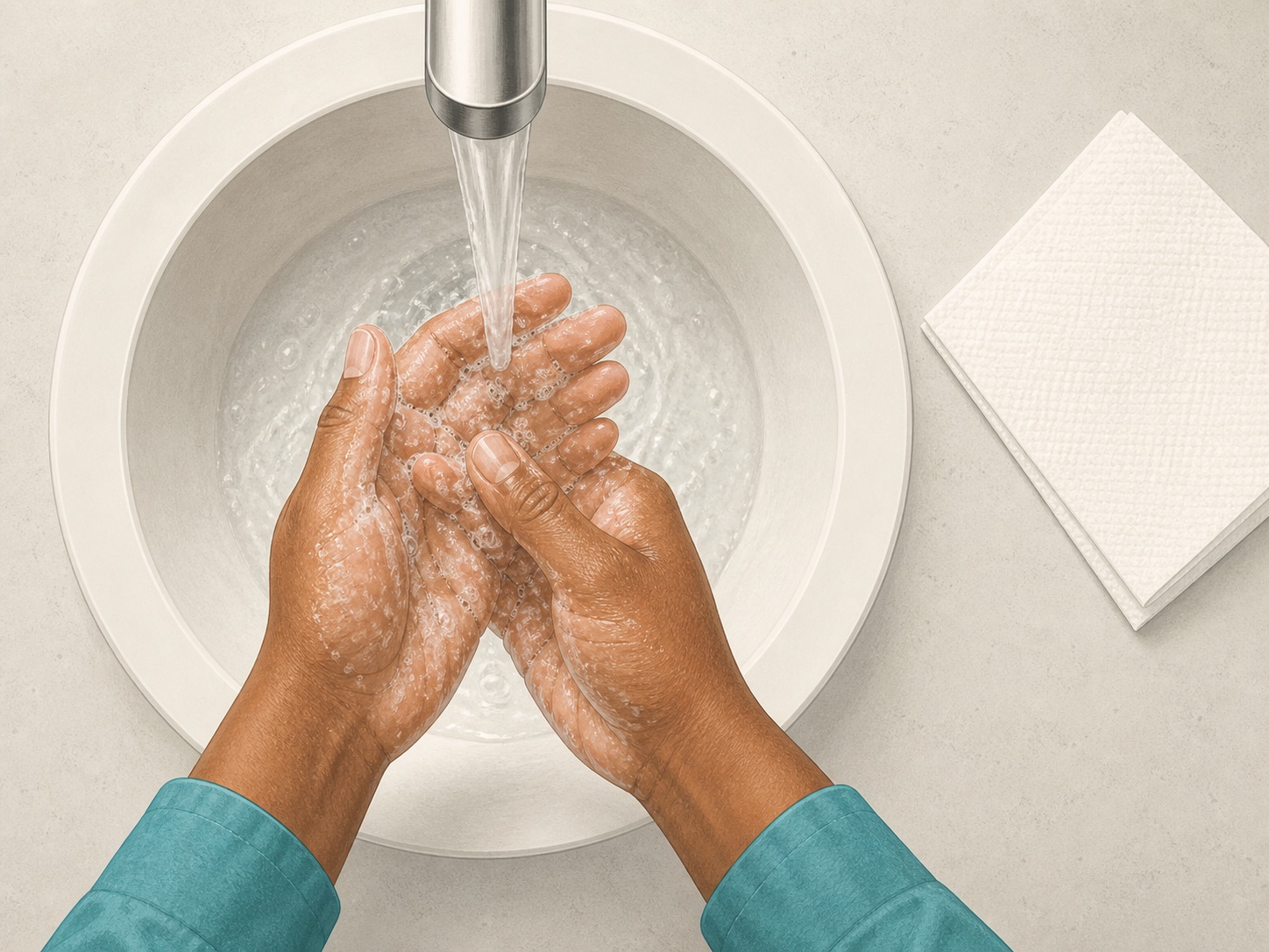 Hands being washed thoroughly with soap and running water