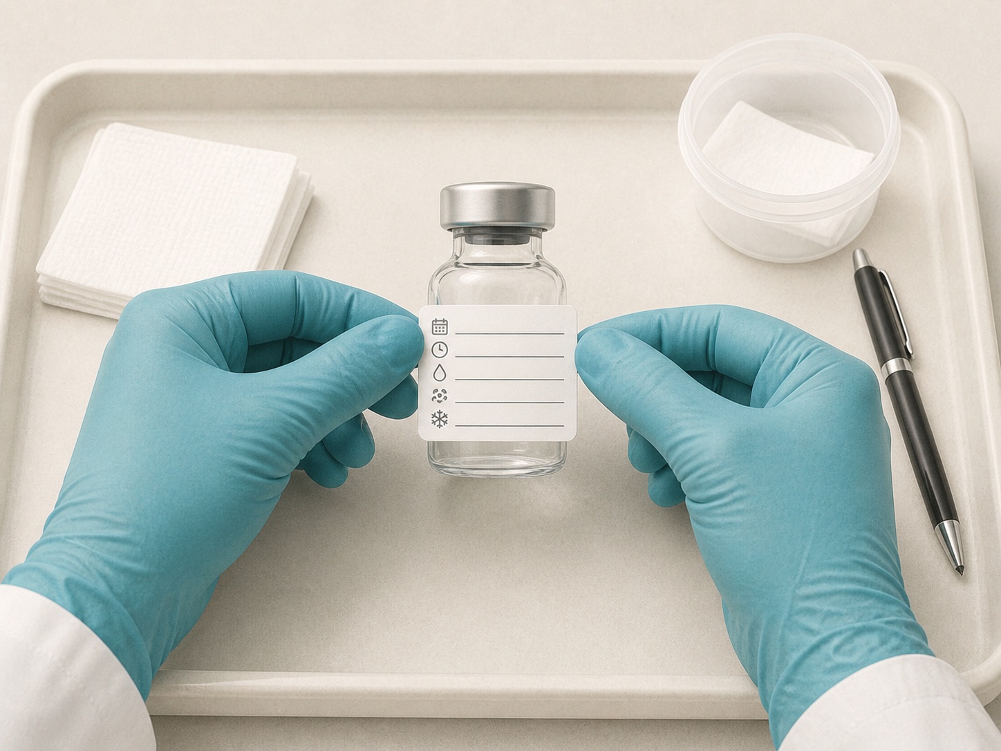 Blank preparation label being applied to a sealed vial