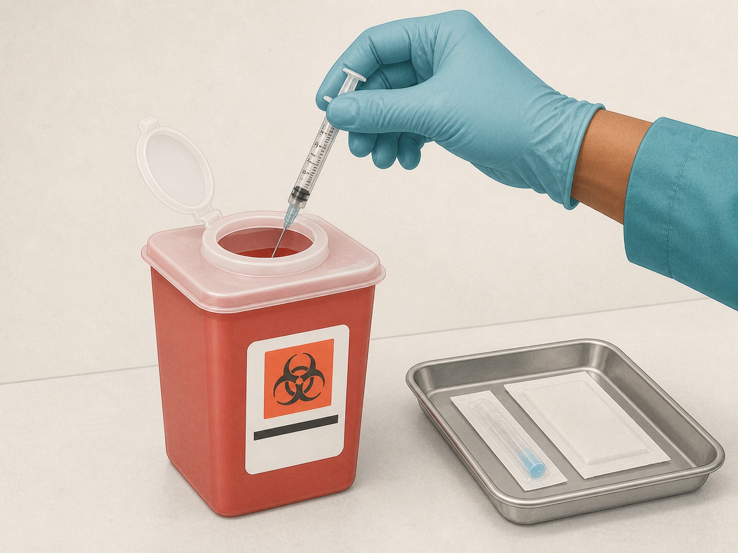 Intact uncapped syringe and needle being placed directly into a sharps container