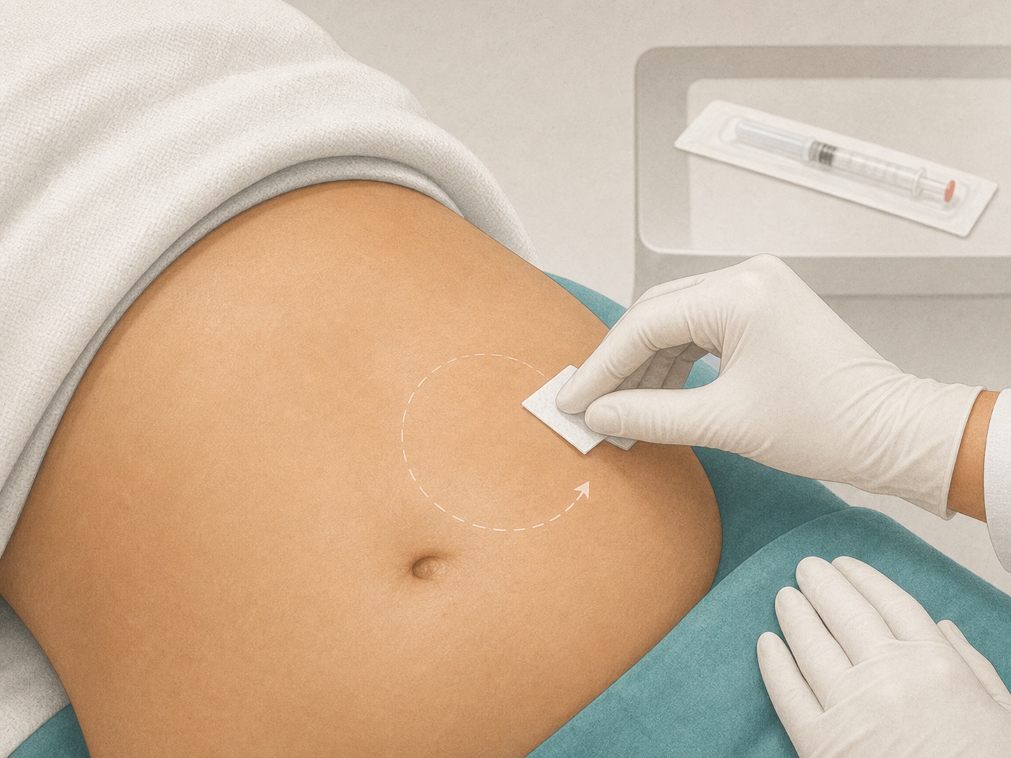 Intact abdominal skin being prepared with a fresh single-use alcohol pad