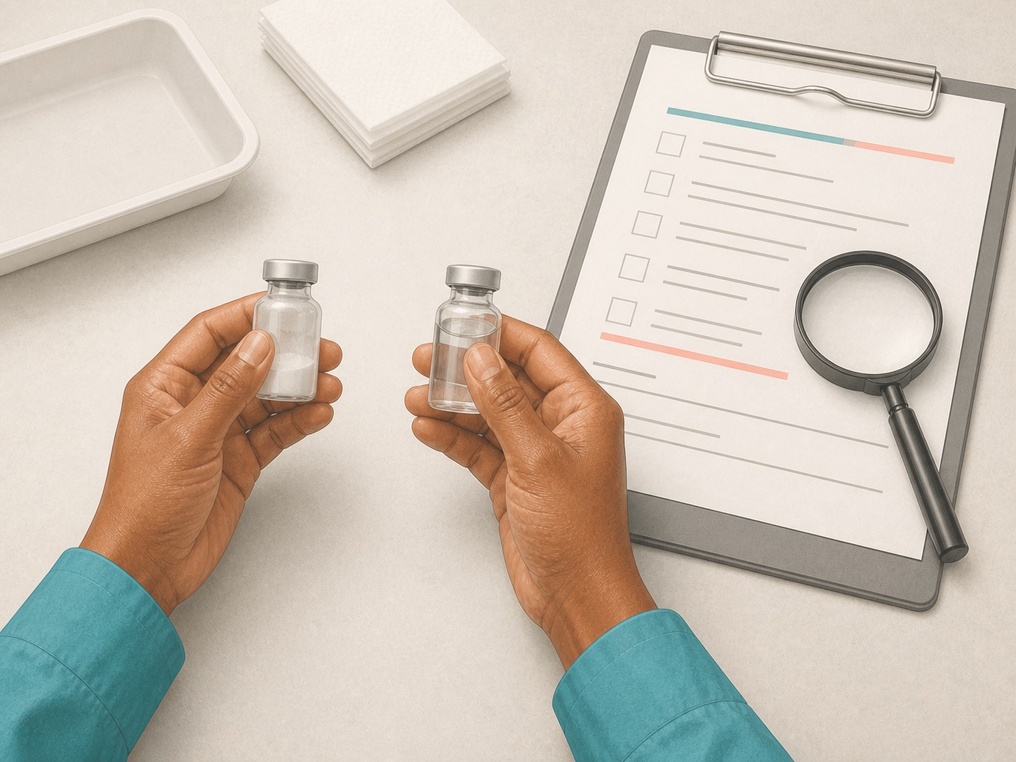 Clinician comparing sealed powder and diluent vials with a pharmacy instruction sheet